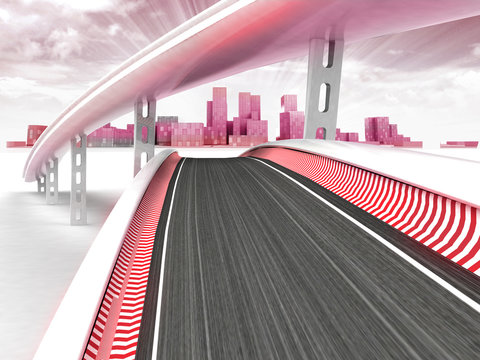 race tracks leading to modern skyscraper city with sky sunset