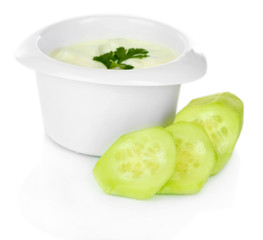 Cucumber yogurt in glass bowl,