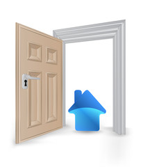open isolated doorway frame with blue house icon vector