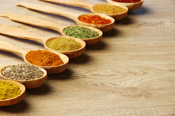 Assortment of spices in wooden spoons on wooden background