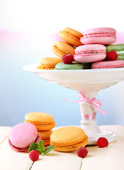 Gentle macaroons in vase on table on light background
