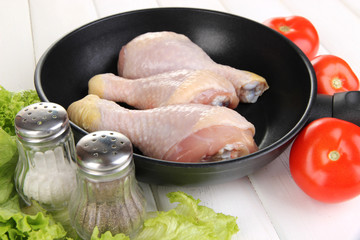 Raw chicken legs in pan close up