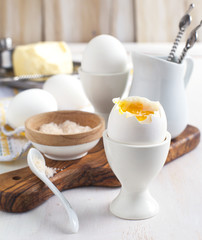 Boiled egg with pink salt for breakfast