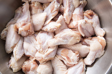 Chicken wings in metal bowl