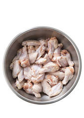 Chicken wings in metal bowl isolated on white