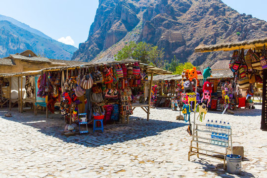 Souvenir market on street of Ollantaytambo,Peru,South America