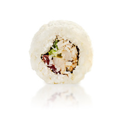 traditional fresh japanese sushi rolls on a white background