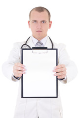 young handsome doctor showing folder with copy space for text is