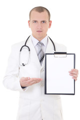 young doctor showing clipboard with copy space for text on white