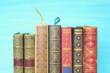 row of books with bookmarks, free copy space