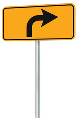 Right turn ahead route road sign perspective, yellow isolated ro