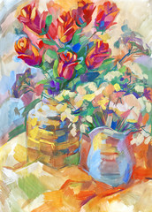Obrazy  Still life a bouquet of flowers. Hand-drawn in gouache