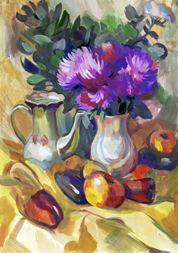 Still life a bouquet of flowers. Hand-drawn in gouache