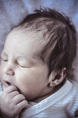 new born baby curled up sleeping on a blanket, multiple expressi