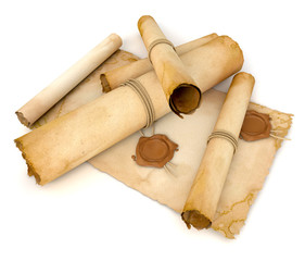 Old paper scroll with wax seal. Pile of archival documents