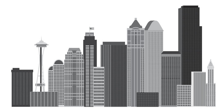 Seattle City Skyline Grayscale Vector Illustration