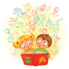 Boy and girl reading a magic book