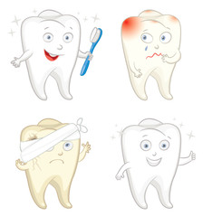 Funny tooth with toothbrush. Caries. Toothache