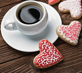cookies baked on valentines day and a cup of coffee