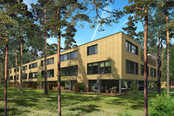 Rendering of a modern terraced houses in pine trees