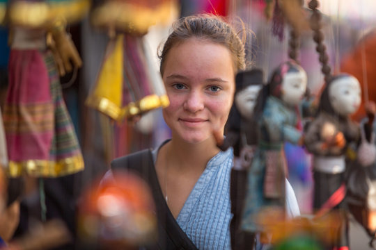 A young girl in a souvenir shop in Kathmandu.