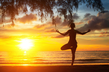 Fototapeta na wymiar Young woman silhouette practicing yoga