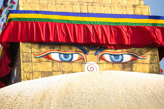 Close up: Bodhnath Stupa in Kathmandu with Buddha Eyes.