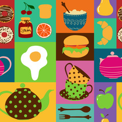 Seamless pattern of tea set and breakfast food
