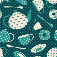 Fototapete Tee Nahtloses Muster aus Teeservice und Donuts