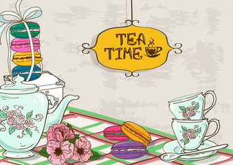 Fototapety  Ilustracja z martwą naturą zestawu do herbaty i francuskich makaroników
