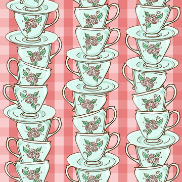 Seamless pattern of porcelain tea cups