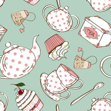 Seamless pattern of tea set and cupcakes