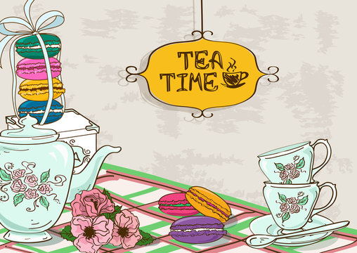 Illustration with still life of tea set and French macaroons