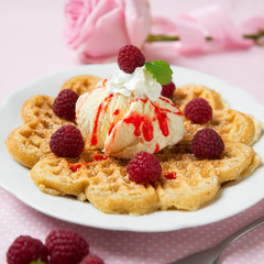 Waffel mit Sojaeis und Himbeeren