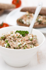 pate with tuna, homemade cheese and dill in a bowl