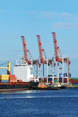 Naklejka premium Container stack and ship under crane bridge
