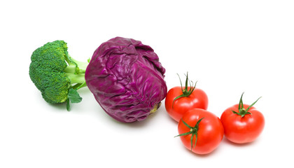 cabbage and tomatoes on white background