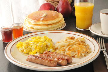 Sausage, egg and pancake breakfast