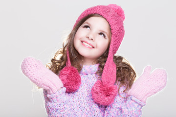Happy child winter fashion. sales shopping discount