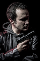 thief, armed man with black leather jacket, dangerous