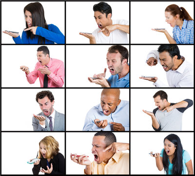 collage portrait angry adult people shouting yelling on phone
