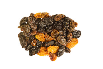 Pile of raisins on white background
