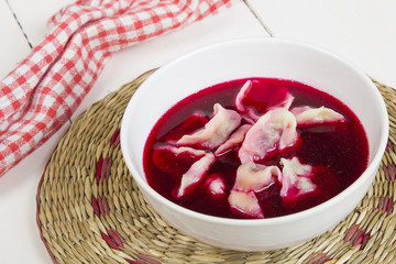 red borscht with dumplings - traditional Polish dish