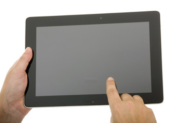 businessman using touch pad, close up shot, isolated