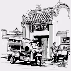 Poster Tuk-tukchauffeur aan het eten aan de deur van een Chinese tempel in Bangkok © Isaxar