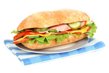 Fresh and tasty sandwich with ham and vegetables isolated