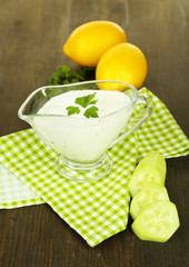 Cucumber yogurt in glass bowl,