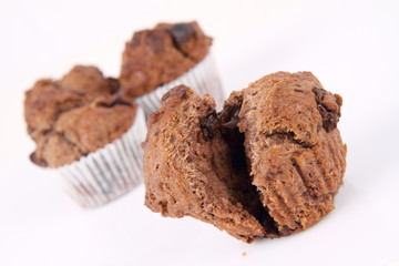 Chocolate muffins on a white background