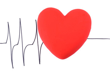 Heart on cardiogram background, isolated on white