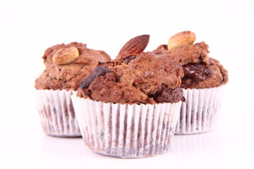 Chocolate muffins on a white background
